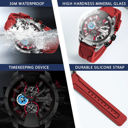 Luxury Red Chronograph Quartz Watch for Men with Silicone Band