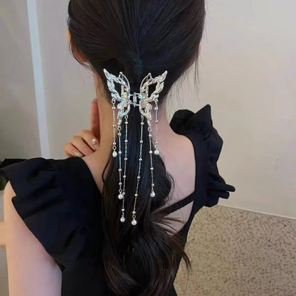 Korean Shark Crab Clips | Stylish Hairpin with Butterfly & Pearl Tassel