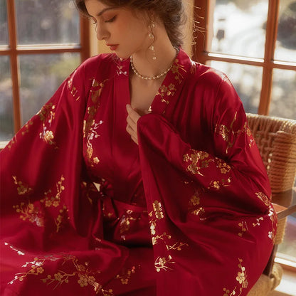 Luxury Burgundy Kimono Robe - Elegant Satin