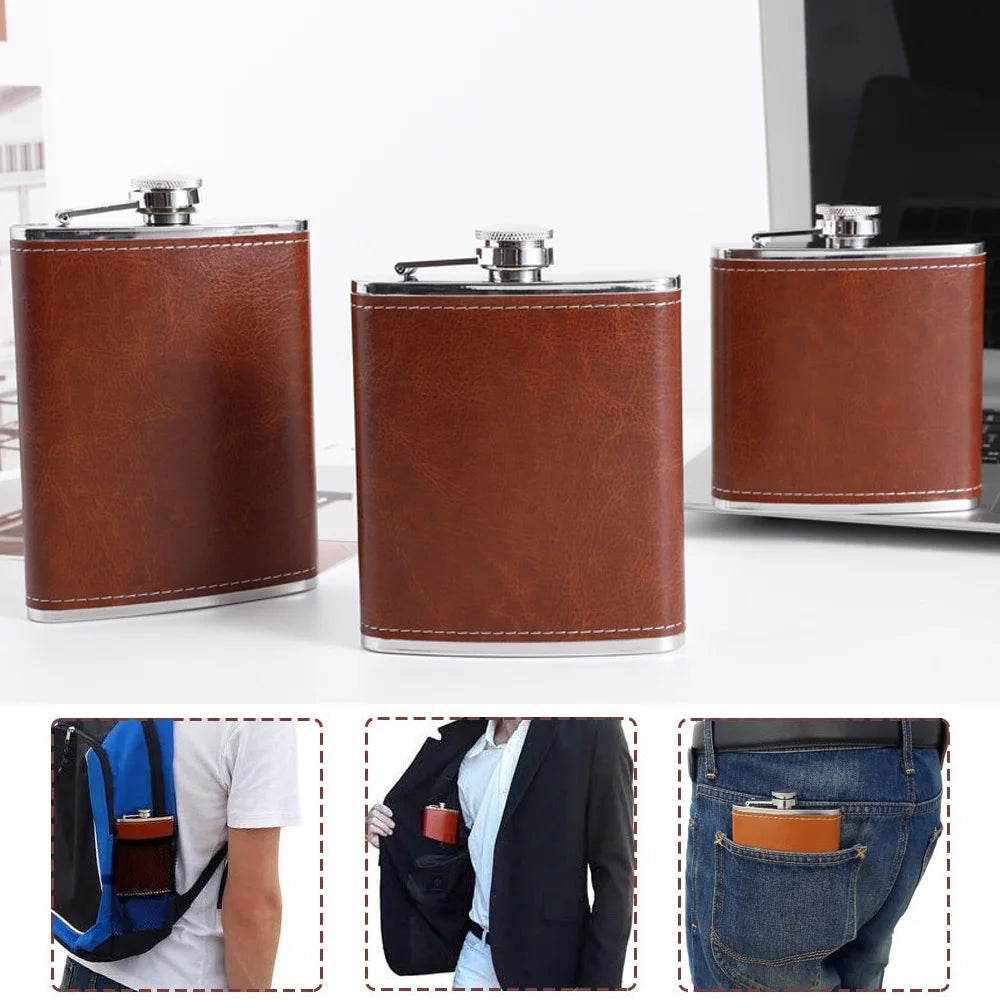 Luxury Brown Leather Pocket Hip Flask – 6/7/8 oz Stainless Steel Whiskey Flask