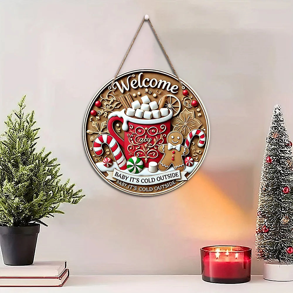 Wooden Circular Santa Claus Doorplate – Merry Christmas Sign Decor