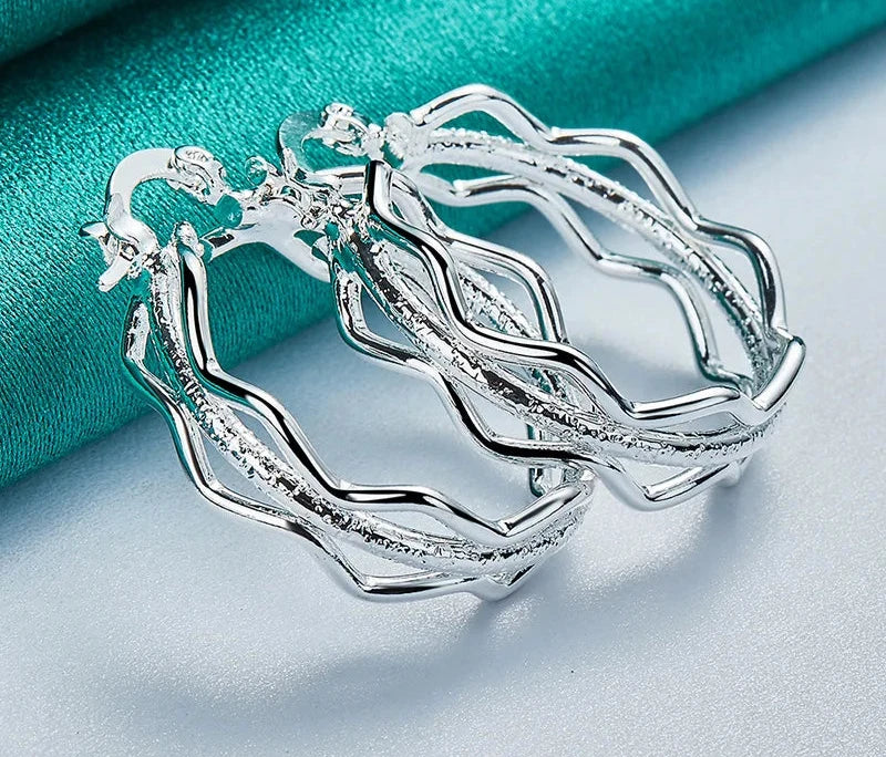 925 Sterling Silver Smooth Frosted Wave Ear Loops