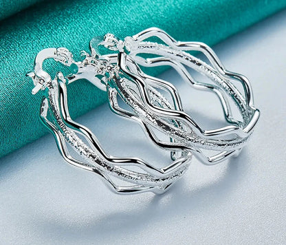 925 Sterling Silver Smooth Frosted Wave Ear Loops