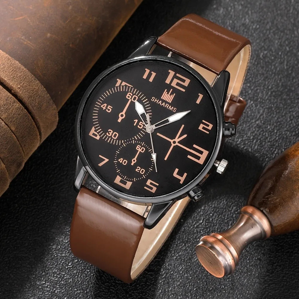 5 pcs Men's Quartz Watch Set – Round Dial Leather Strap Bracelet