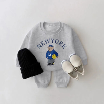 Korea 2023 Baby Boys Clothes Set – Letter Bear Hoodie & Pants