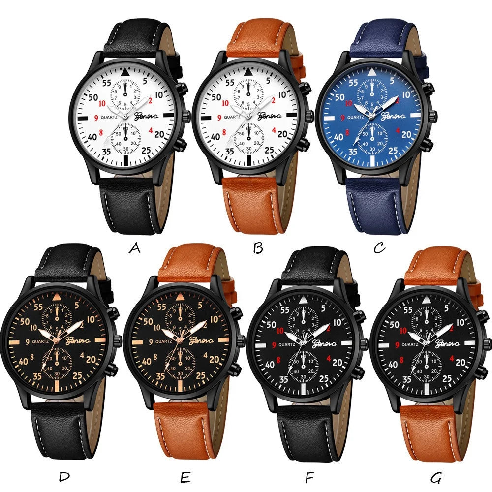 Men's Quartz Watch Set with Bracelet - Casual Leather Band