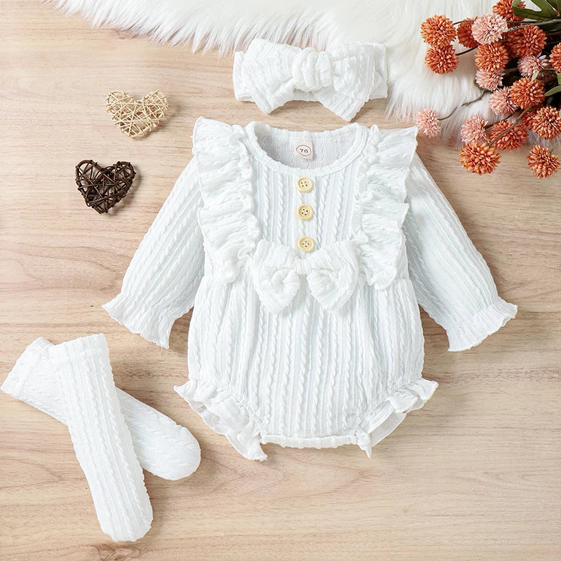 3-Piece Fall Outfit Set for Baby Girls | Ruffle Romper, Socks & Headband