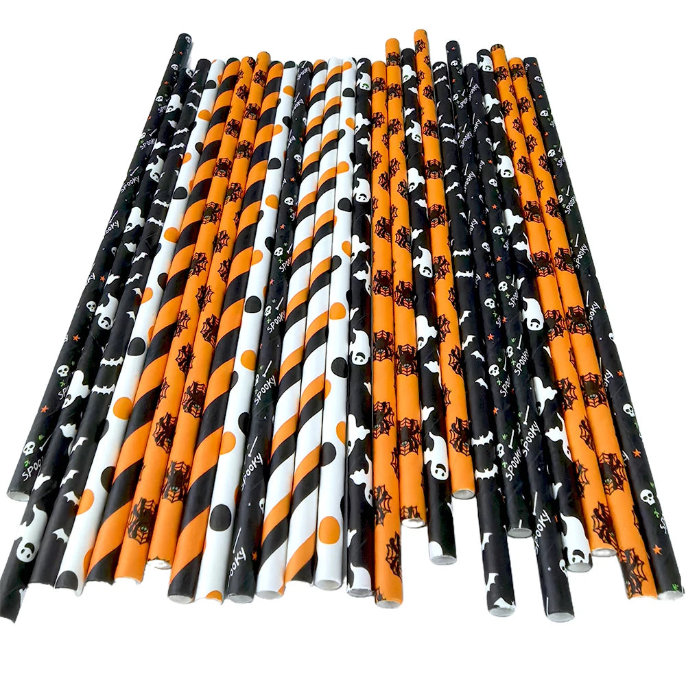 Halloween Biodegradable Paper Straws - 25/50/100pcs Black & Orange