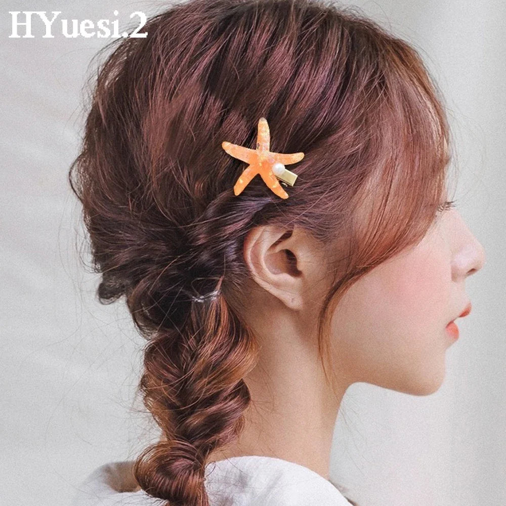 2 pcs Starfish Shell Pearl Hair Clips Set