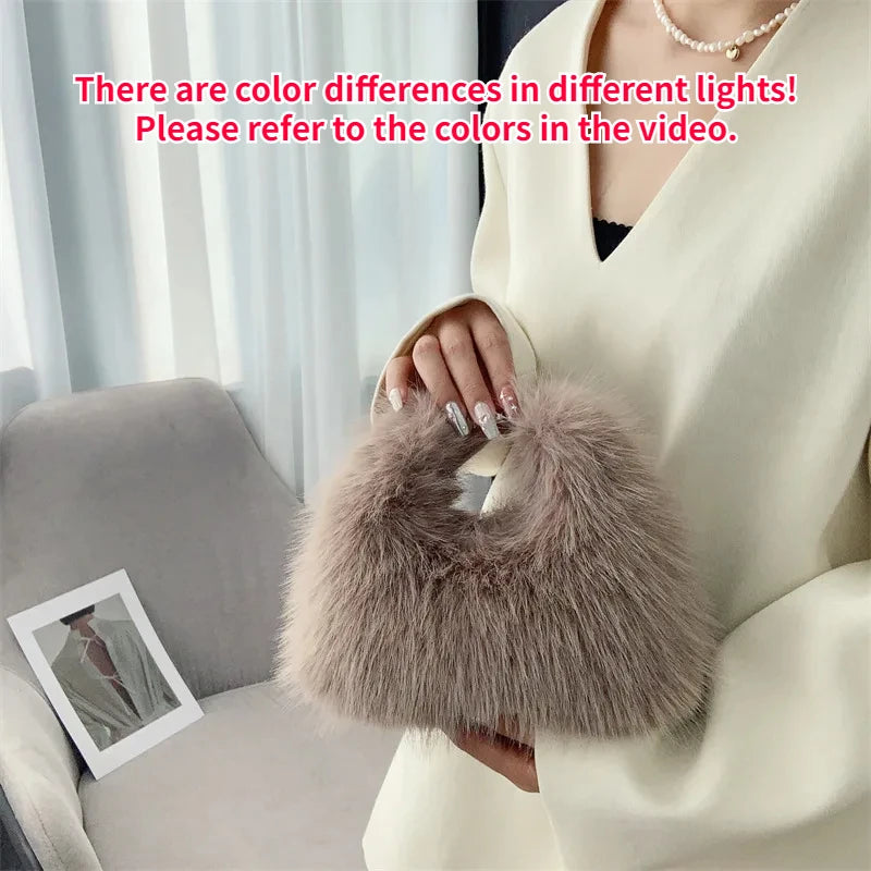 Luxury Faux Fur Shoulder Bag for Women, Plush Evening Clutch & Crossbody Tote