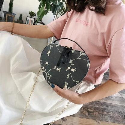 Sweet Lace Heart Round Handbag - High-Quality PU Leather Crossbody Bag