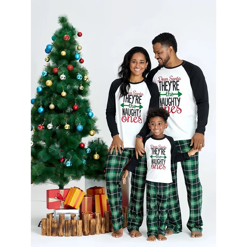 Family Matching Christmas Pajamas | Cotton Letter Print Tops & Plaid Pants