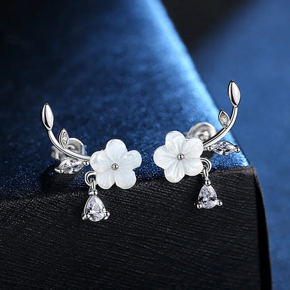 925 Sterling Silver Crystal Leaf Shell Stud Earrings