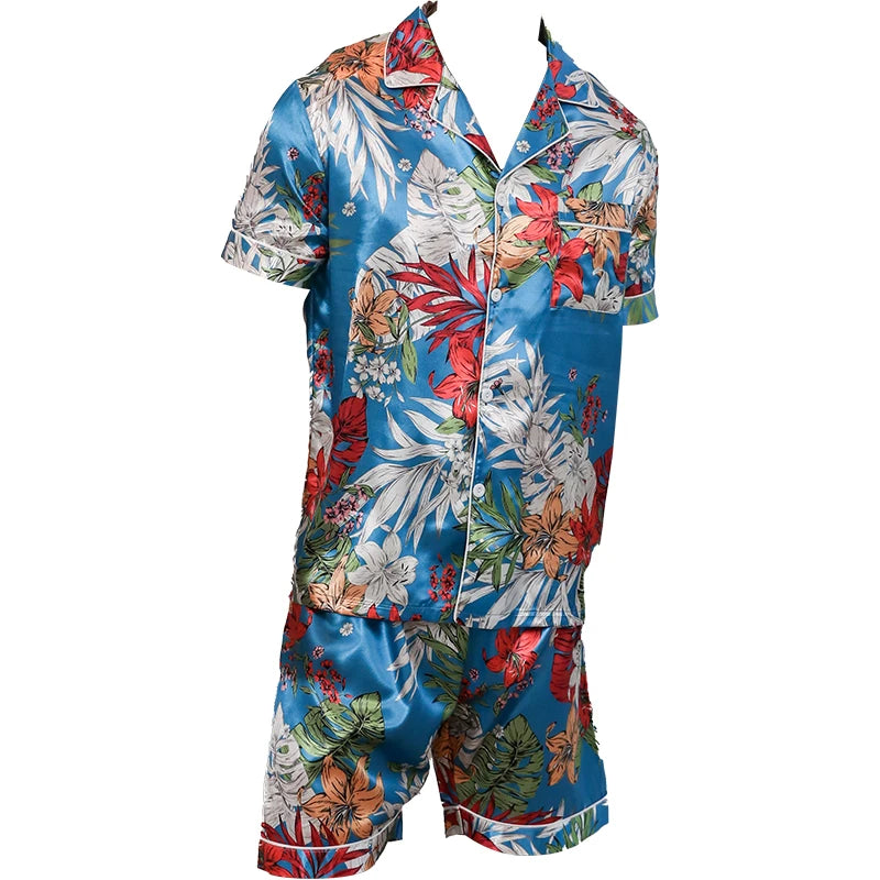 Men's Two-Piece Pajama Set – Summer Short-Sleeved Shorts with Leaf Pattern