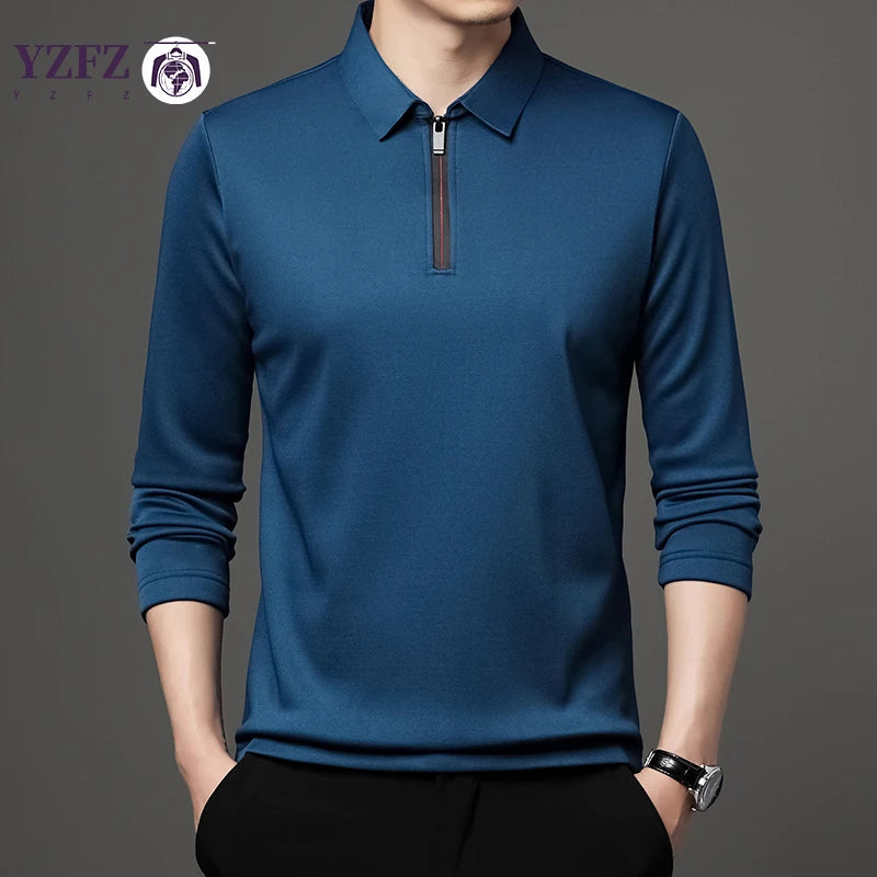 Men's Solid Color Long Sleeve Polo Shirt – Fashion Zipper Neck Top