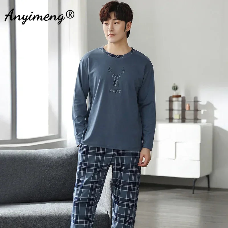 Deer Print Men's Pajamas - Soft Cotton Autumn Winter Loungewear