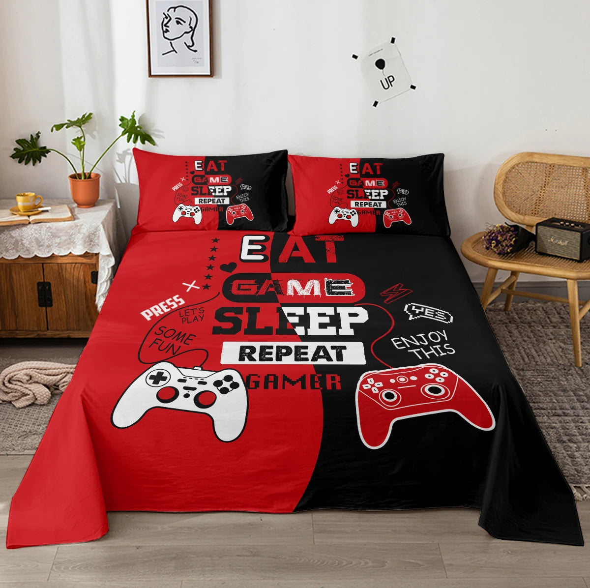 Black Red Video Game Controller Bed Sheets | 4-Piece Set | Breathable Soft Bedding Includes Flat & Fitted Sheets, 2 Shams