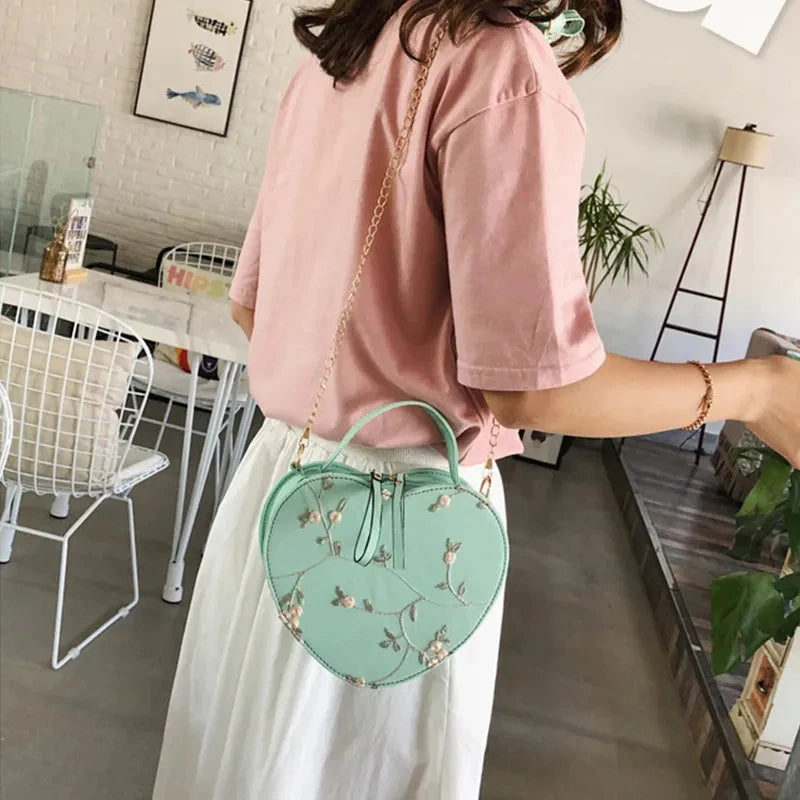 Sweet Lace Heart Round Handbag - High-Quality PU Leather Crossbody Bag