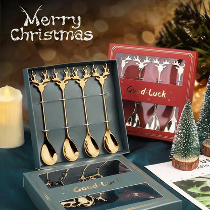 4 pcs Christmas Elk Head Stainless Steel Coffee Spoons