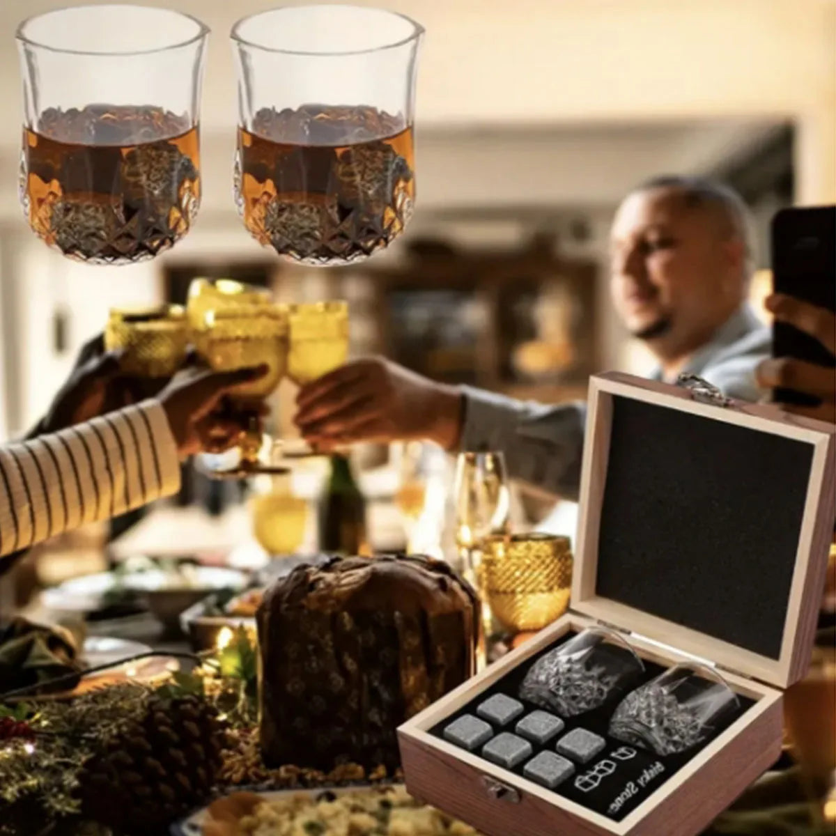 Father’s Day Whiskey Stones & Glasses Set – Granite Ice Cubes in Wooden Box