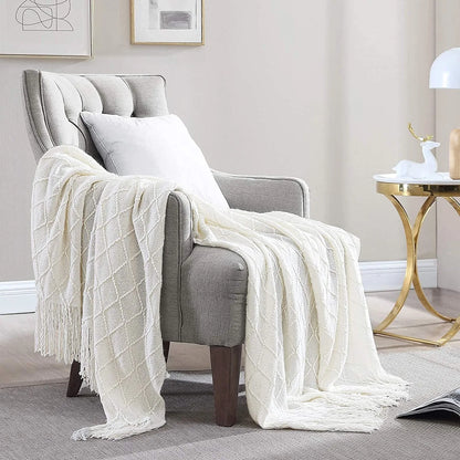 Chunky Knit Blanket – Beige Soft Tassel Plaid