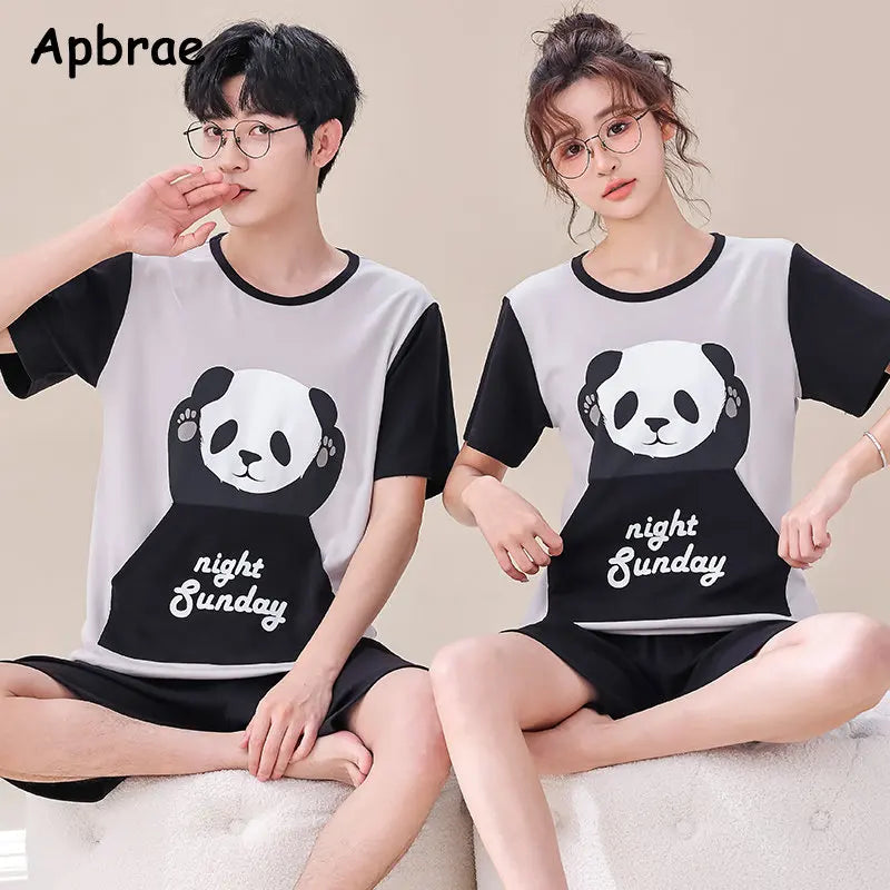 Summer Young Couple's Pajamas - Cartoon Bear Print Cotton Loungewear