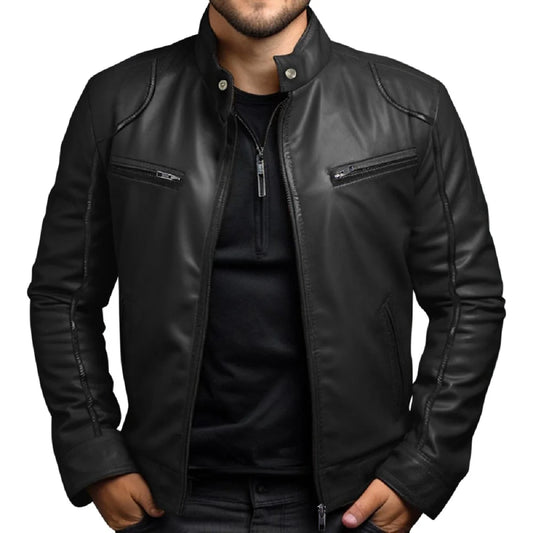 Men's Biker Leather Jacket – Stand-Up Collar Punk Style