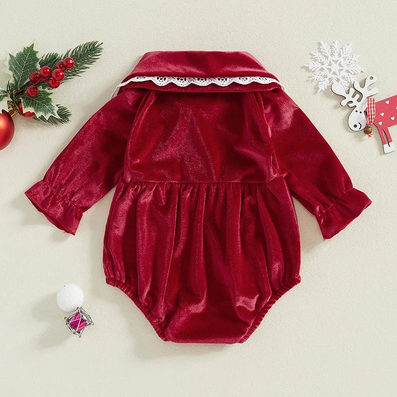 Baby Girl Lace Trim Velvet Romper | Long Sleeve Jumpsuit