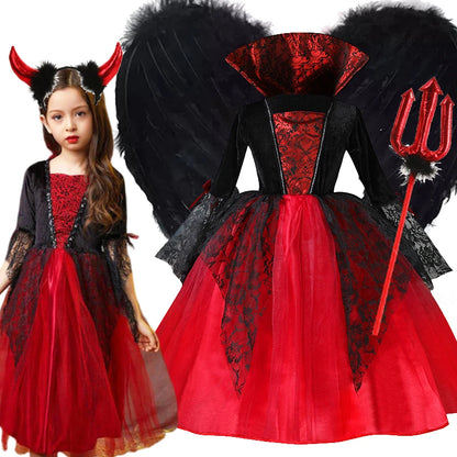 Girls Ghost Bride Costume | Red & Black Tulle Sleeve Dress