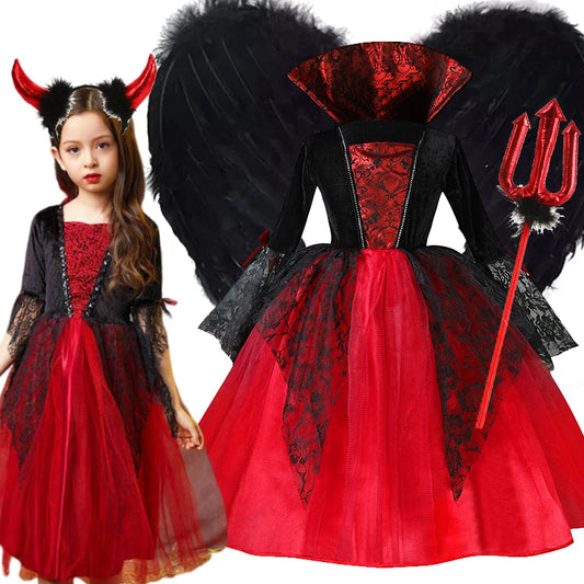 Girls Ghost Bride Costume | Red & Black Tulle Sleeve Dress