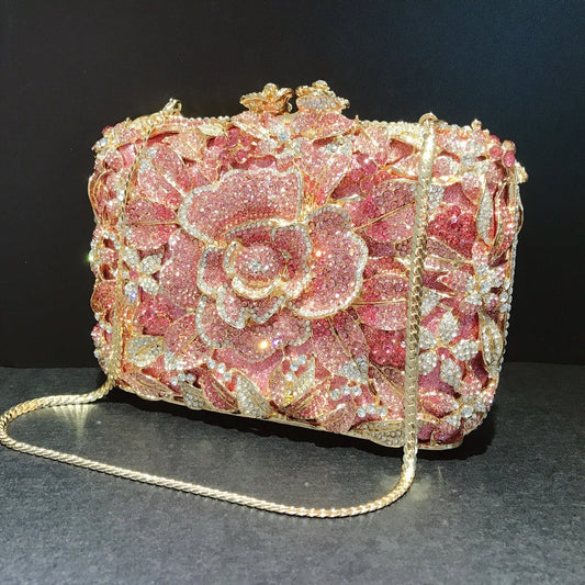 Pink Rhinestone Flower Clutch Purse