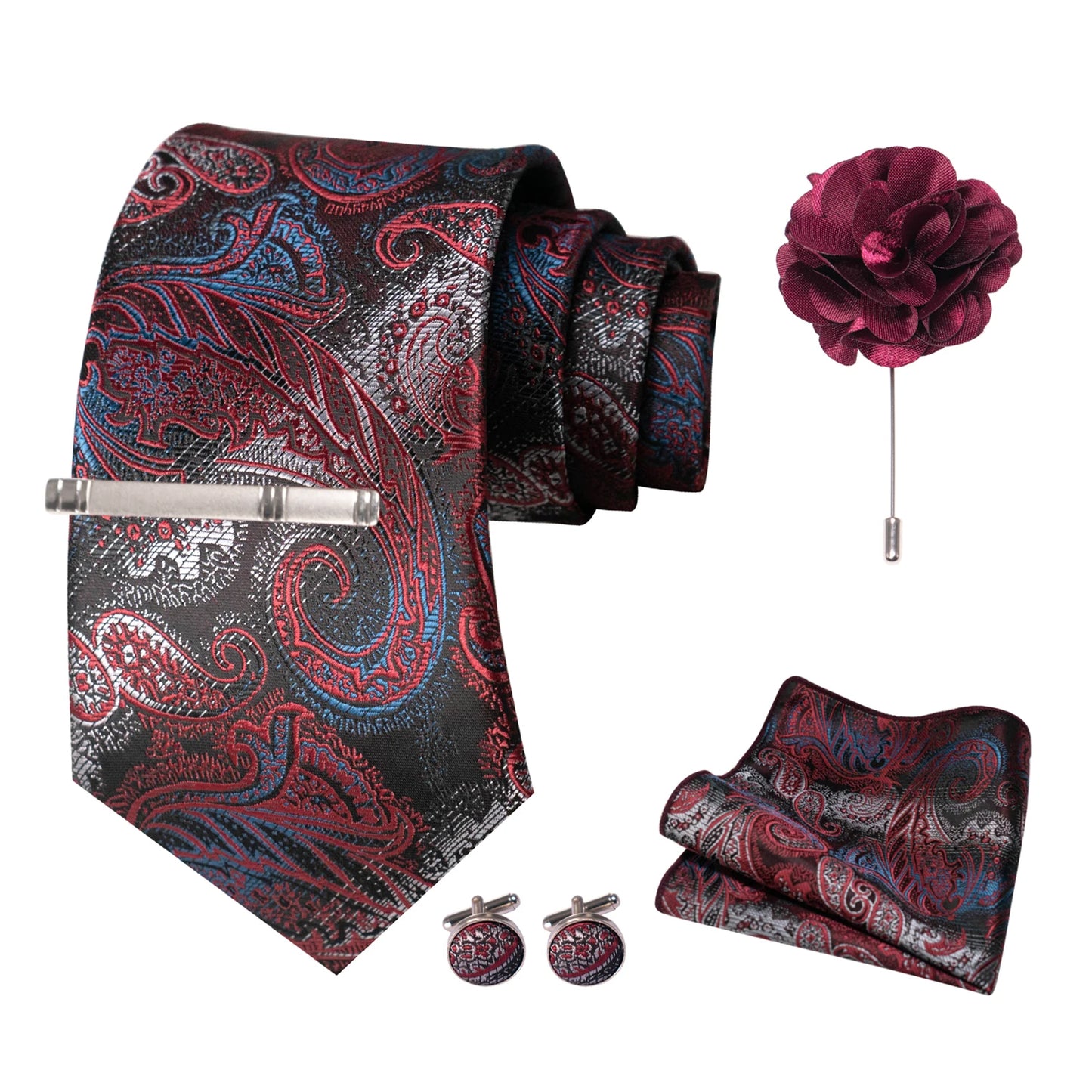 Wine Red Paisley Silk Tie Gift Box Set for Men