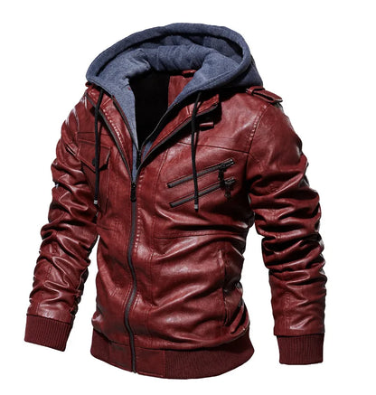 Men's PU Leather Jacket with Plush Fleece Hood – Winter Casual Outerwear