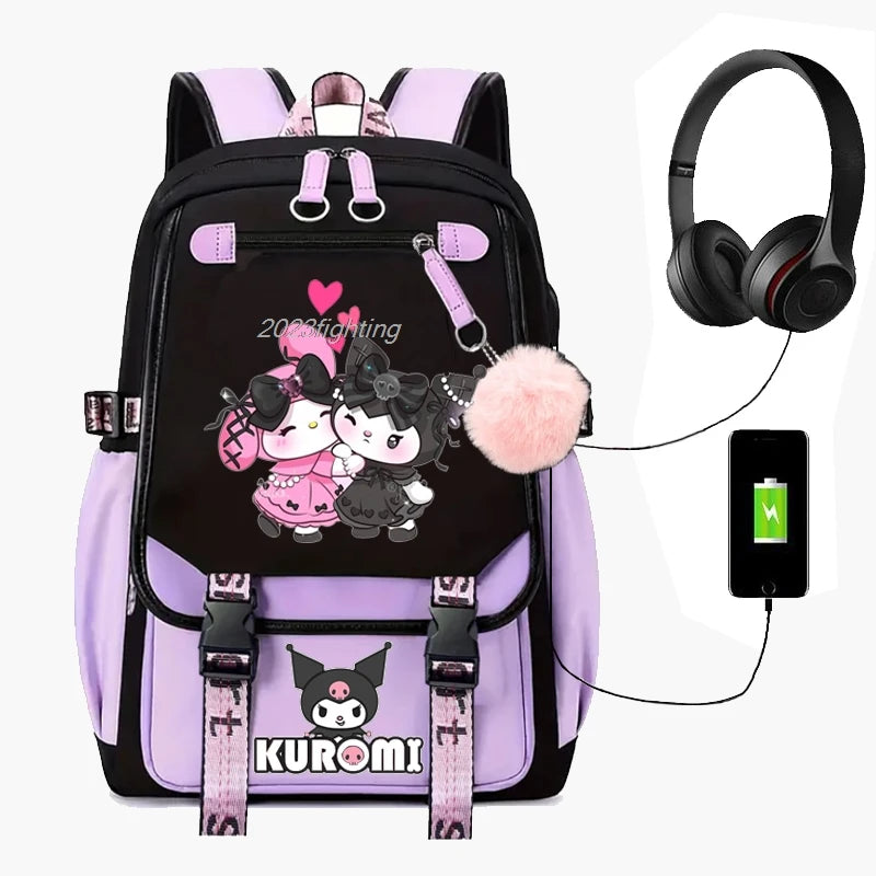 Purple Kuromi Melody School Bag | USB Laptop Backpack for Women & Men