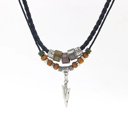 Stacked Artificial Leather Rope Beaded Necklace – Men’s Vintage Layered Tribal Arrow Pendant Jewelry