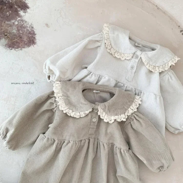 Corduroy Lace Ruffle Collar Full Sleeve Baby Dress