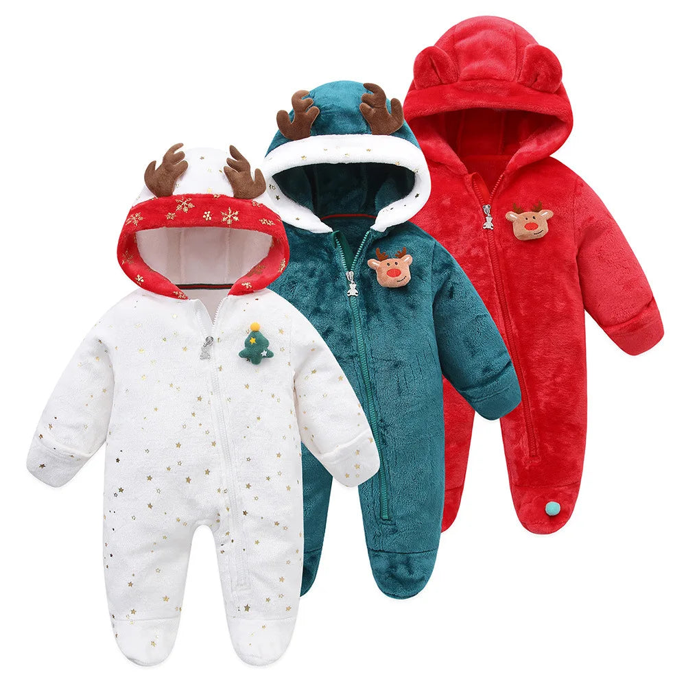 Autumn Winter Newborn Baby Romper - Flannel Hooded Jumpsuit for Christmas