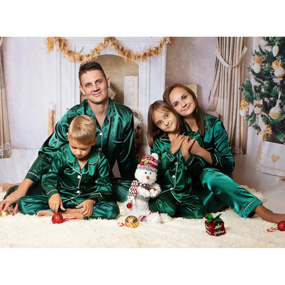 Family Matching Pajamas Set – Solid Color Green & Red Satin Sleepwear