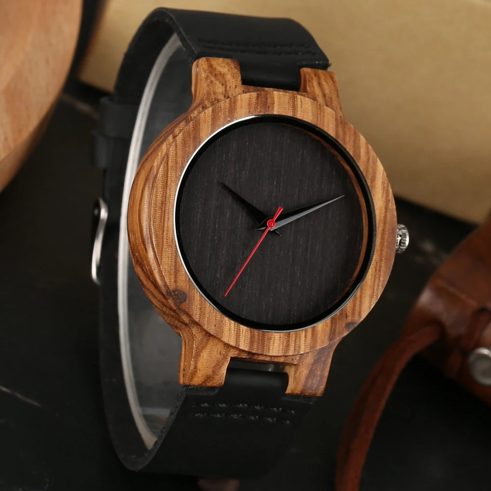 Men’s Vintage Bamboo Wood Watch – Leather Strap, Black/Coffee/Green Dial