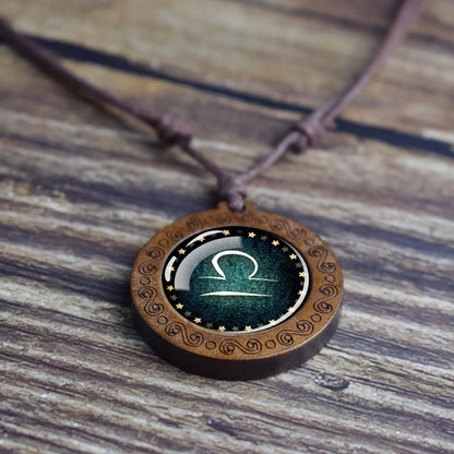 12 Zodiac Signs Constellation Necklaces – Glass Dome Vintage Wood Pendants