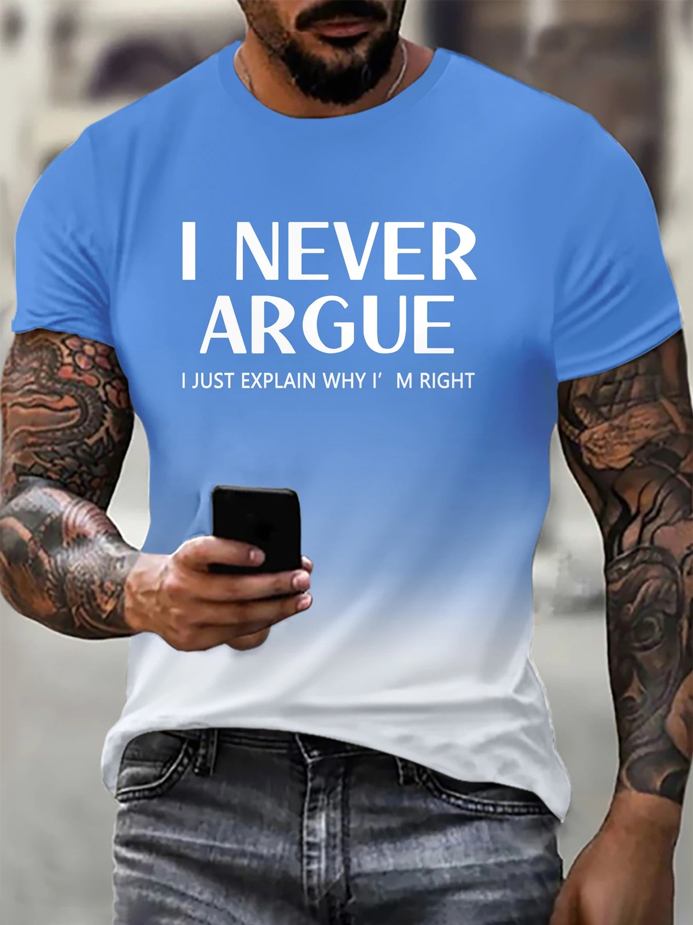 Men's gradient color I Never Argue letter pattern 3D full body digital printed T-shirt, cool summer size up