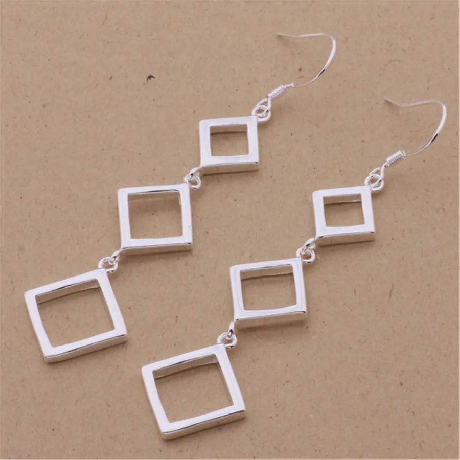 Fashion 925 Sterling Silver Square Rhombus Long Earrings