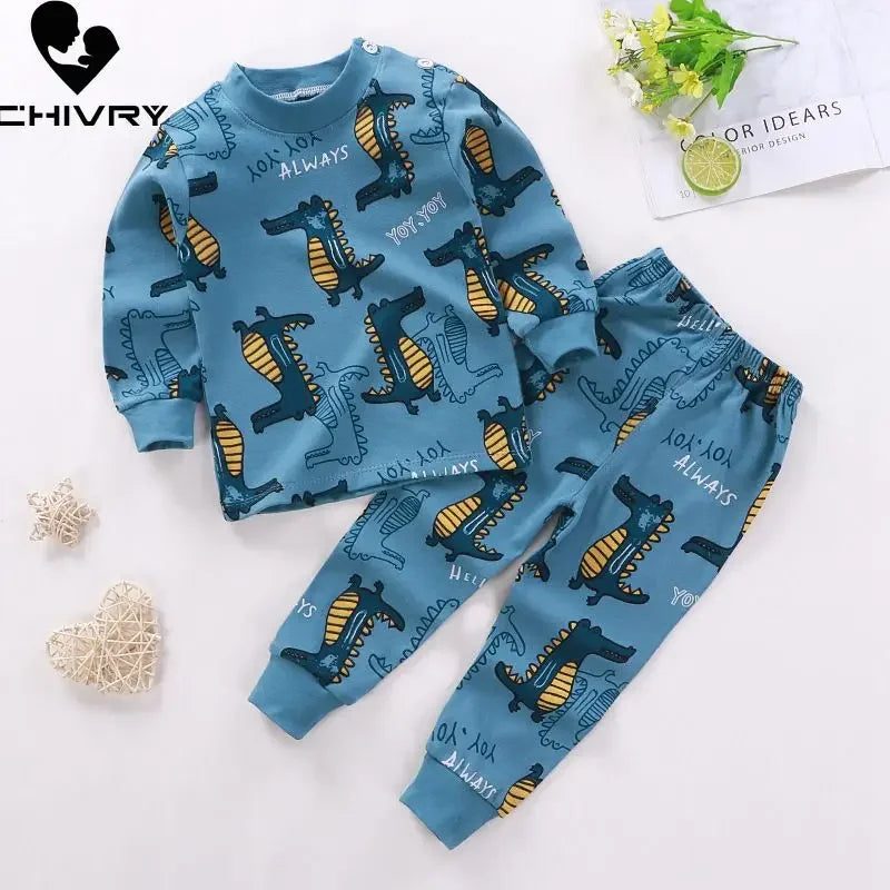 Kids Pajama Sets - Cartoon Print Long Sleeve Tops & Pants