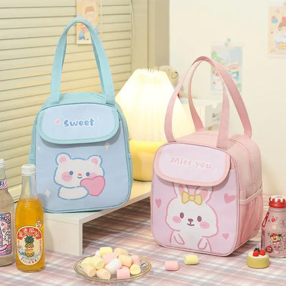 Cute Portable Lunch Box for Kids | Pink Bunny Thermal Insulated Bento Bag | Kawaii Food Storage Pouch | School Lunch Container