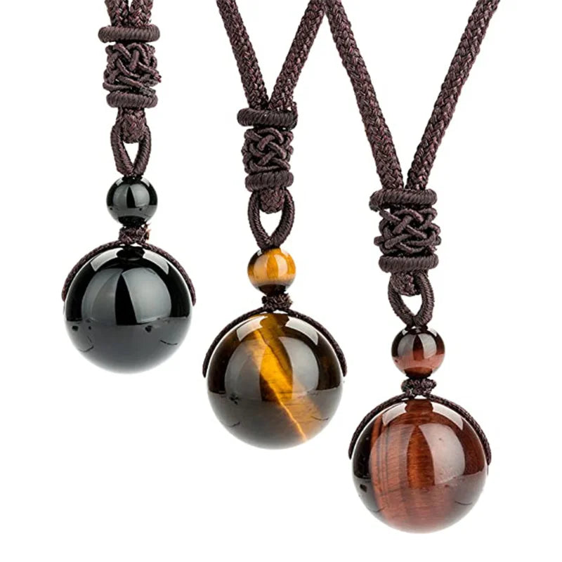 Natural Tiger Eye Stone Necklaces for Men – High Quality Round Beads Pendant Necklaces with Fashion Rope Chain