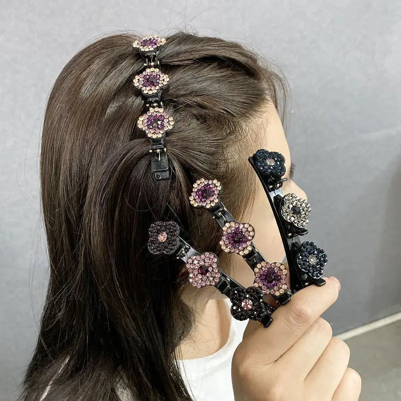 Crystal Stone Braided Hair Clips | Sparkling 3-Flower Accessory