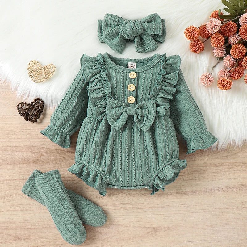 3-Piece Fall Outfit Set for Baby Girls | Ruffle Romper, Socks & Headband