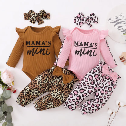 3-Piece Baby Girl Clothes Set - Ruffled Romper, Bow Top & Leopard Pants