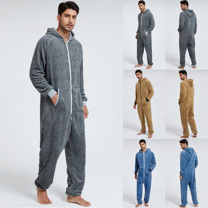 Men’s Warm Fleece Onesie - Fluffy Hooded Sleepwear