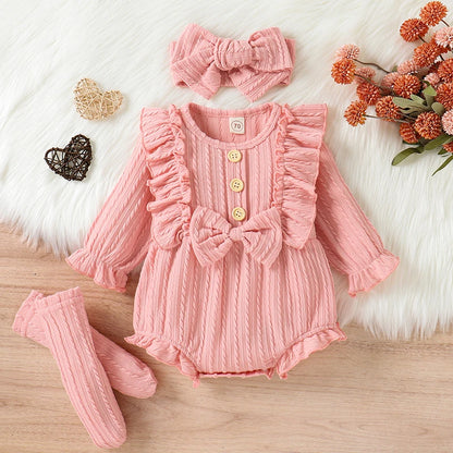 3-Piece Fall Outfit Set for Baby Girls | Ruffle Romper, Socks & Headband